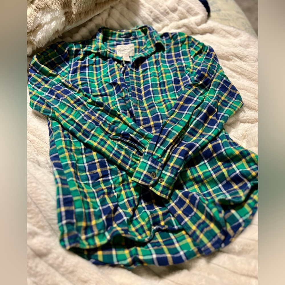 Blue Green Plaid Button Up Long Sleeve - Picture 1 of 3
